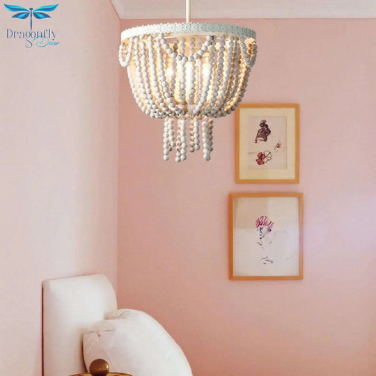 Beaded Bowl Shape Ceiling Pendant French Country 4 Lights Living Room White Wood Chandelier Lamp