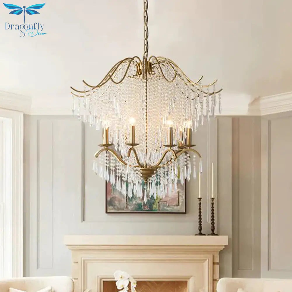Beaded Living Room Chandelier Lighting Minimalism Crystal 6/8 Lights Gold Hanging Light Fixture