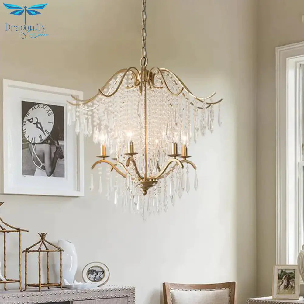 Beaded Living Room Chandelier Lighting Minimalism Crystal 6/8 Lights Gold Hanging Light Fixture