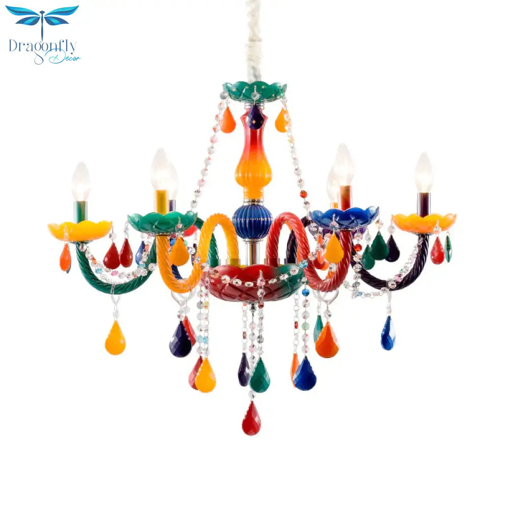 Beautiful Multi - Color Chandelier Candle 6 Lights Glass Pendant Light For Kindergarten Living Room