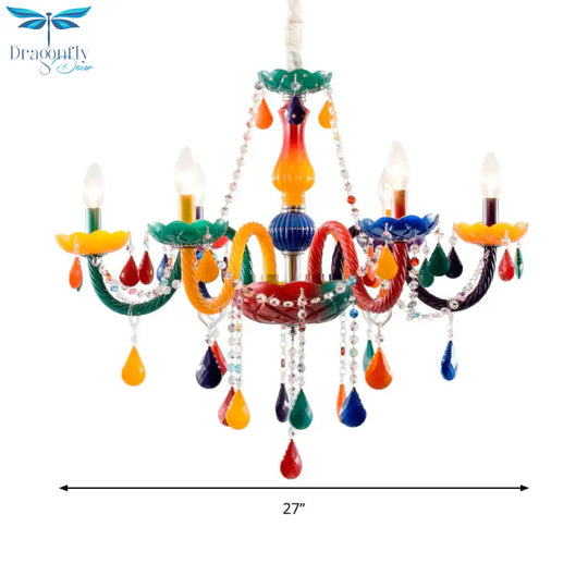 Beautiful Multi - Color Chandelier Candle 6 Lights Glass Pendant Light For Kindergarten Living Room