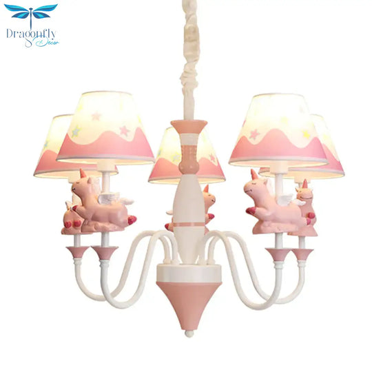 Bedroom Tapered Shade Hanging Lights Metal 5 Cartoon Unicorn Chandelier In Blue/Gold/Pink
