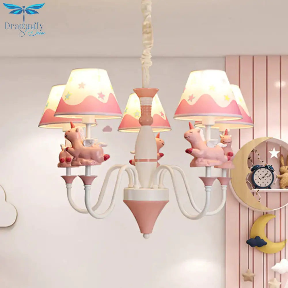 Bedroom Tapered Shade Hanging Lights Metal 5 Cartoon Unicorn Chandelier In Blue/Gold/Pink