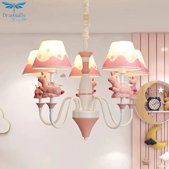 Bedroom Tapered Shade Hanging Lights Metal 5 Cartoon Unicorn Chandelier In Blue/Gold/Pink