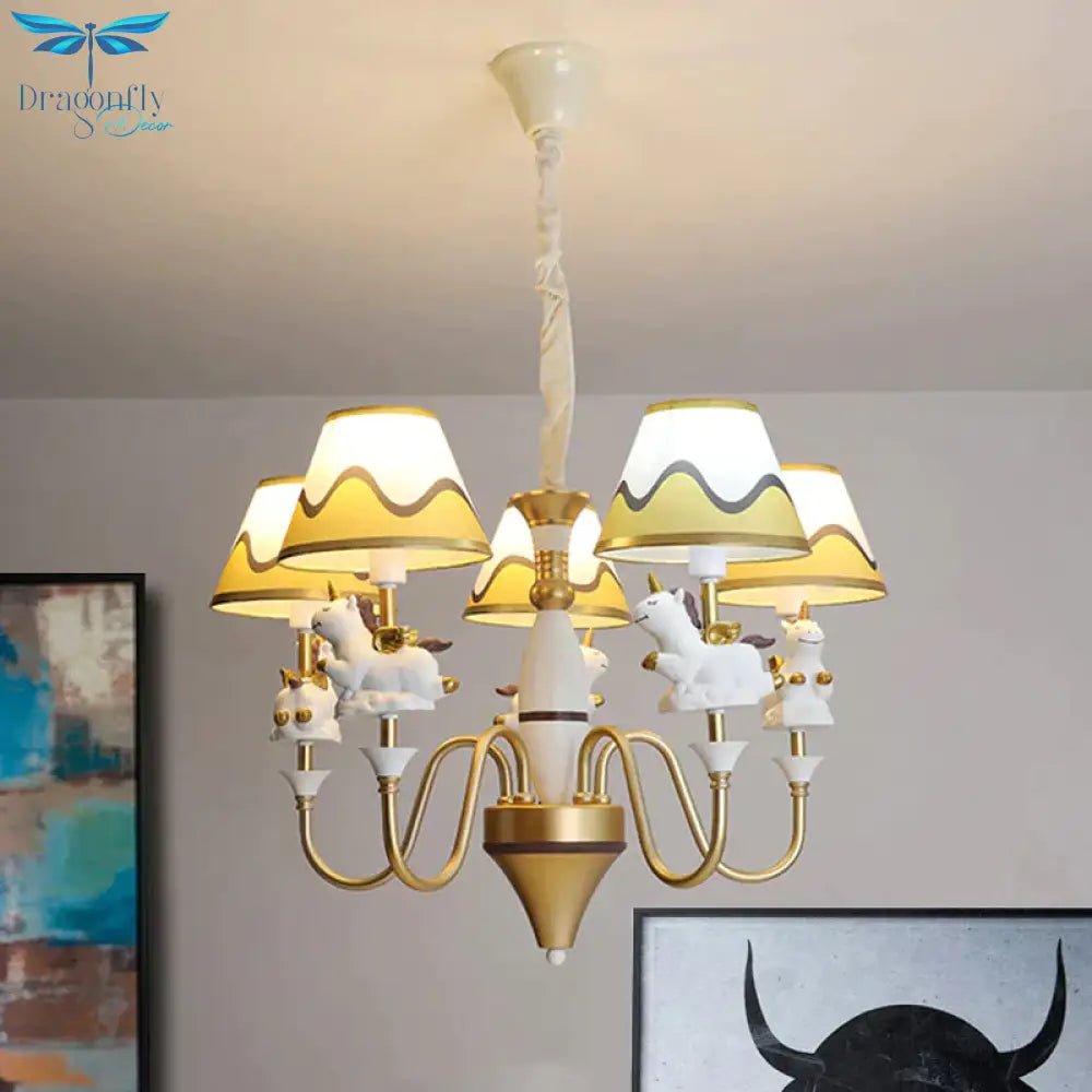 Bedroom Tapered Shade Hanging Lights Metal 5 Cartoon Unicorn Chandelier In Blue/Gold/Pink