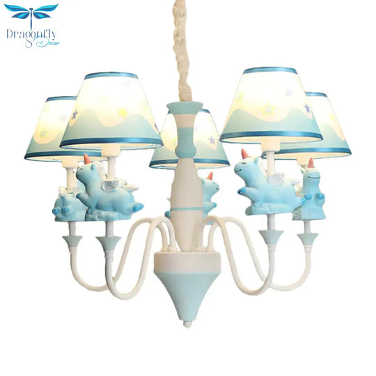 Bedroom Tapered Shade Hanging Lights Metal 5 Cartoon Unicorn Chandelier In Blue/Gold/Pink