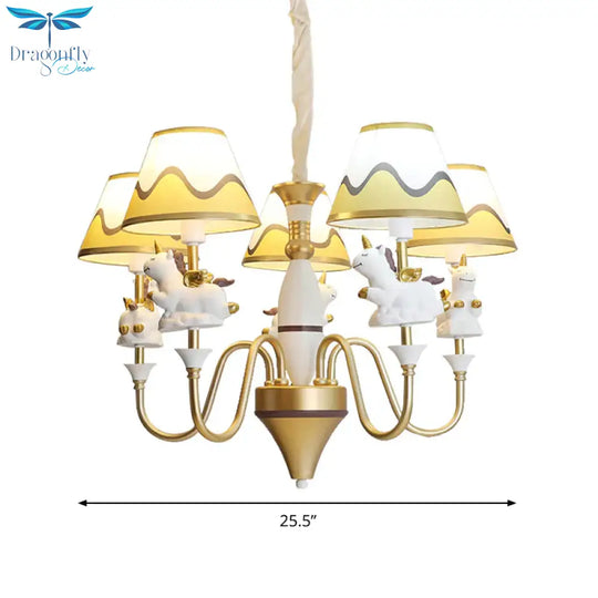 Bedroom Tapered Shade Hanging Lights Metal 5 Cartoon Unicorn Chandelier In Blue/Gold/Pink