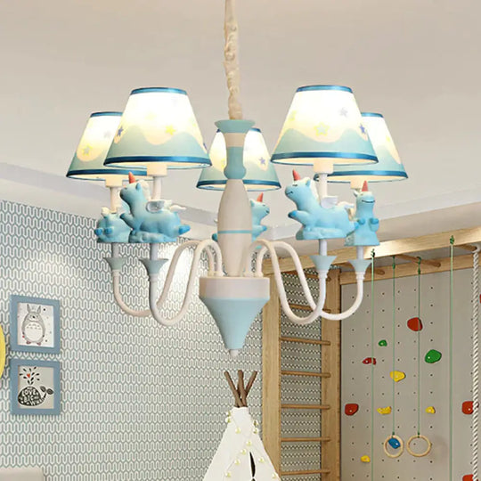 Bedroom Tapered Shade Hanging Lights Metal 5 Cartoon Unicorn Chandelier In Blue/Gold/Pink Blue