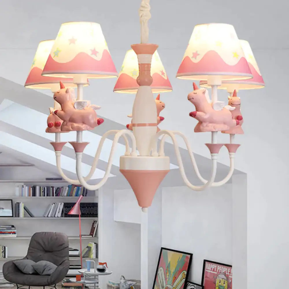Bedroom Tapered Shade Hanging Lights Metal 5 Cartoon Unicorn Chandelier In Blue/Gold/Pink Pink