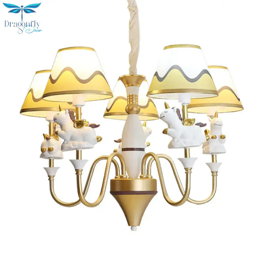 Bedroom Tapered Shade Hanging Lights Metal 5 Cartoon Unicorn Chandelier In Blue/Gold/Pink
