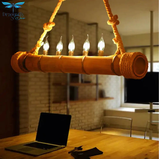 Beige Bamboo Shape Hanging Light With Candle 5 Lights Rustic Wood Chandelier For Cottage