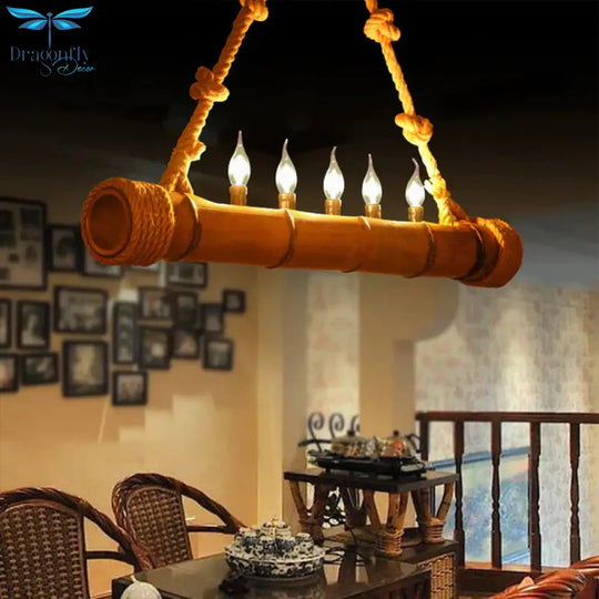 Beige Bamboo Shape Hanging Light With Candle 5 Lights Rustic Wood Chandelier For Cottage