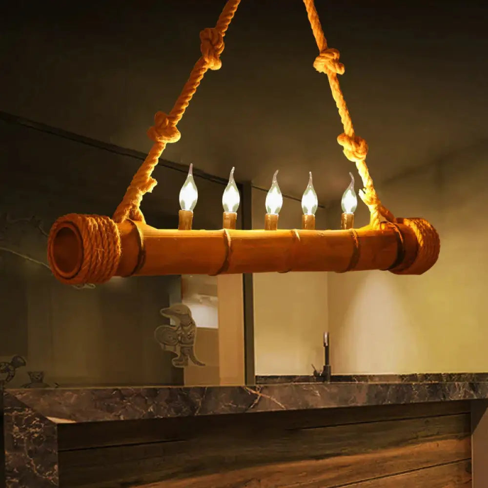 Beige Bamboo Shape Hanging Light With Candle 5 Lights Rustic Wood Chandelier For Cottage
