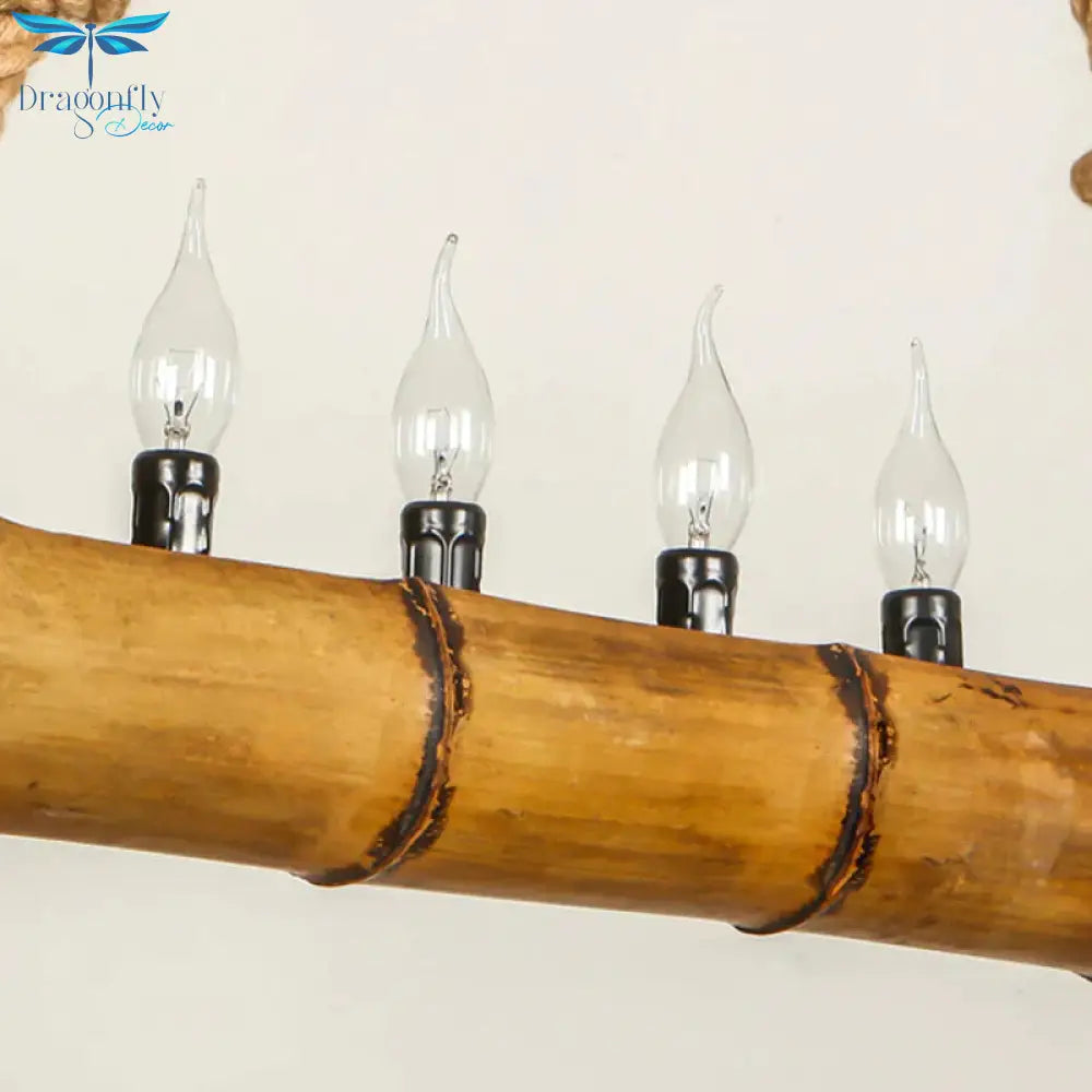 Beige Bamboo Shape Hanging Light With Candle 5 Lights Rustic Wood Chandelier For Cottage