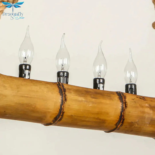Beige Bamboo Shape Hanging Light With Candle 5 Lights Rustic Wood Chandelier For Cottage