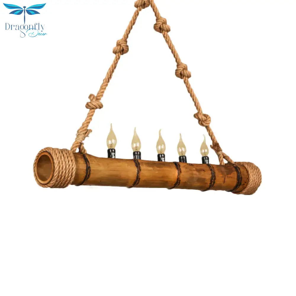 Beige Bamboo Shape Hanging Light With Candle 5 Lights Rustic Wood Chandelier For Cottage