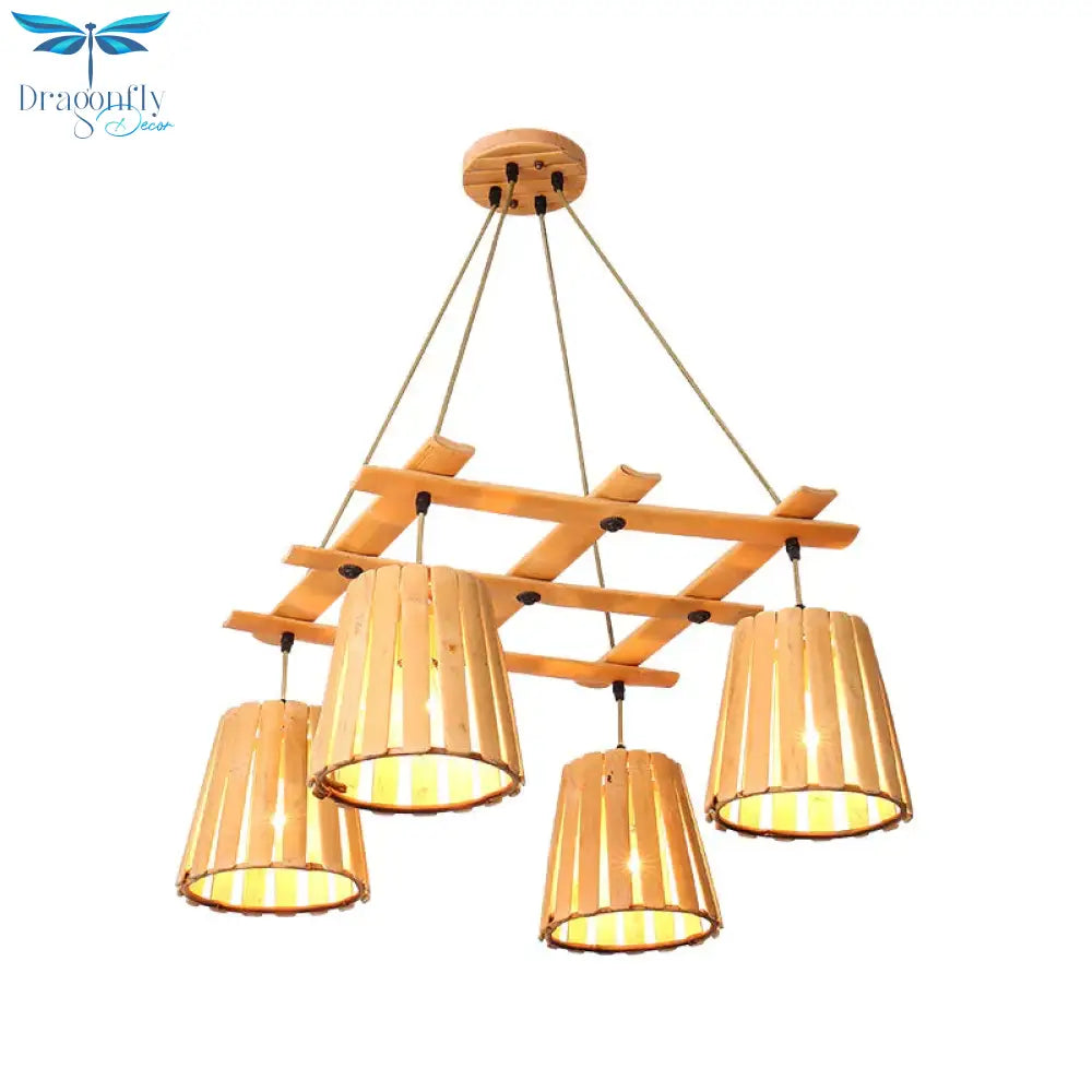 Beige Barrel Pendant Chandelier Modern 4 Lights Wood Hanging Ceiling Light For Bedroom