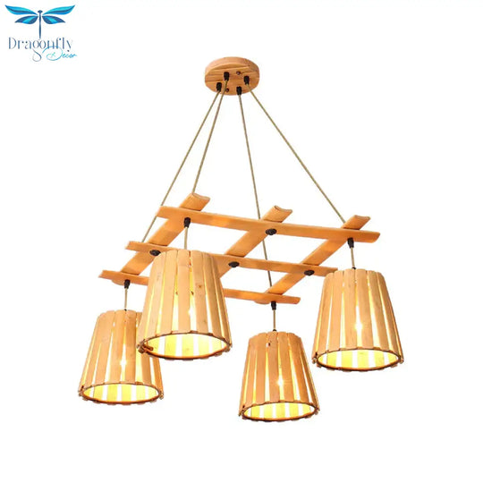 Beige Barrel Pendant Chandelier Modern 4 Lights Wood Hanging Ceiling Light For Bedroom