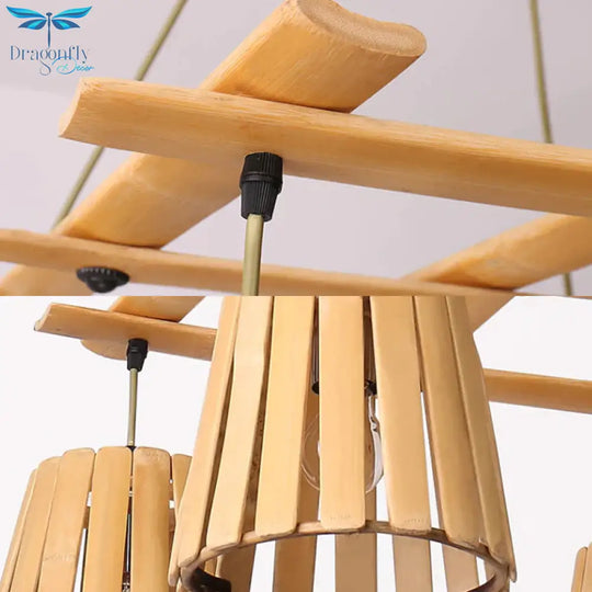 Beige Barrel Pendant Chandelier Modern 4 Lights Wood Hanging Ceiling Light For Bedroom