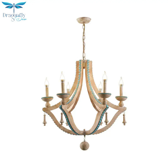 Beige Candle Ceiling Chandelier Traditional Wood 6 Heads Hanging Light Fixture With Green Pine Stone