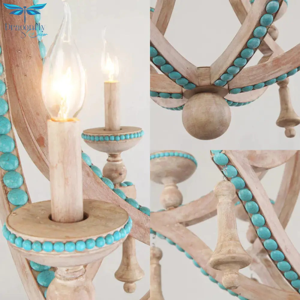 Beige Candle Ceiling Chandelier Traditional Wood 6 Heads Hanging Light Fixture With Green Pine Stone