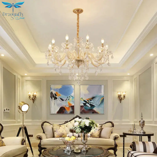 Beige Candle Style Hanging Ceiling Light Modern Crystal Drop 6/10 Heads Living Room Chandelier