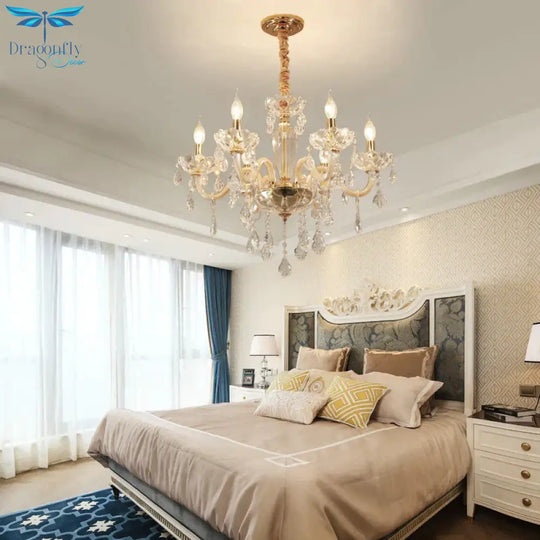 Beige Candle Style Hanging Ceiling Light Modern Crystal Drop 6/10 Heads Living Room Chandelier