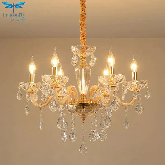 Beige Candle Style Hanging Ceiling Light Modern Crystal Drop 6/10 Heads Living Room Chandelier