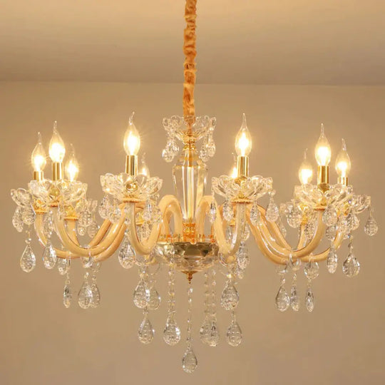 Beige Candle Style Hanging Ceiling Light Modern Crystal Drop 6/10 Heads Living Room Chandelier