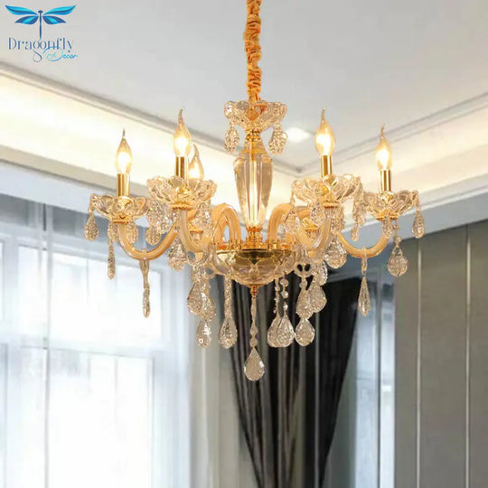Beige Candle Style Hanging Ceiling Light Modern Crystal Drop 6/10 Heads Living Room Chandelier