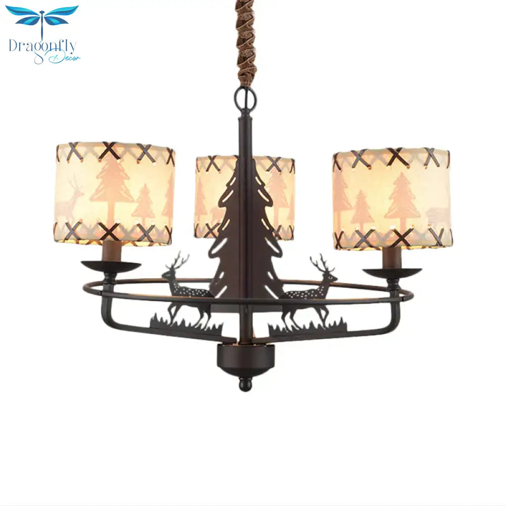 Beige Drum Chandelier Lamp Traditional Fabric 3 Lights Bedroom Hanging Light With Animal Design