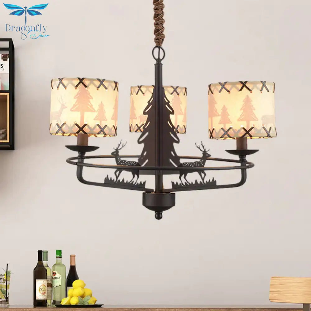 Beige Drum Chandelier Lamp Traditional Fabric 3 Lights Bedroom Hanging Light With Animal Design
