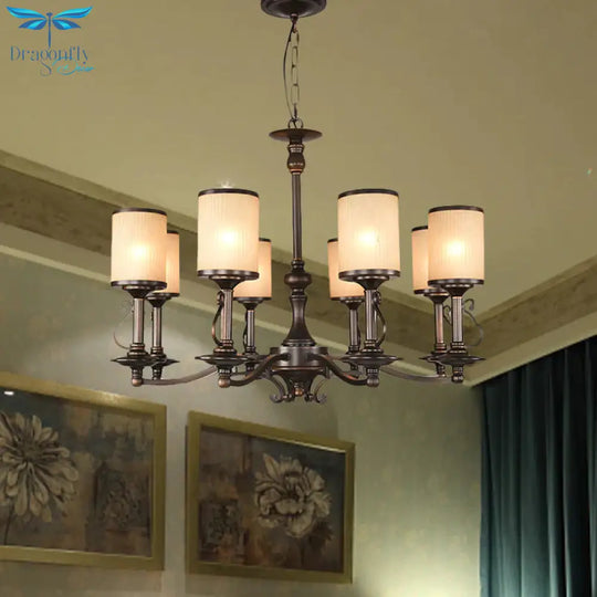 Beige Glass Black Chandelier Lamp Cylindrical 3/6/8 Heads Traditionalism Pendant Ceiling Light For