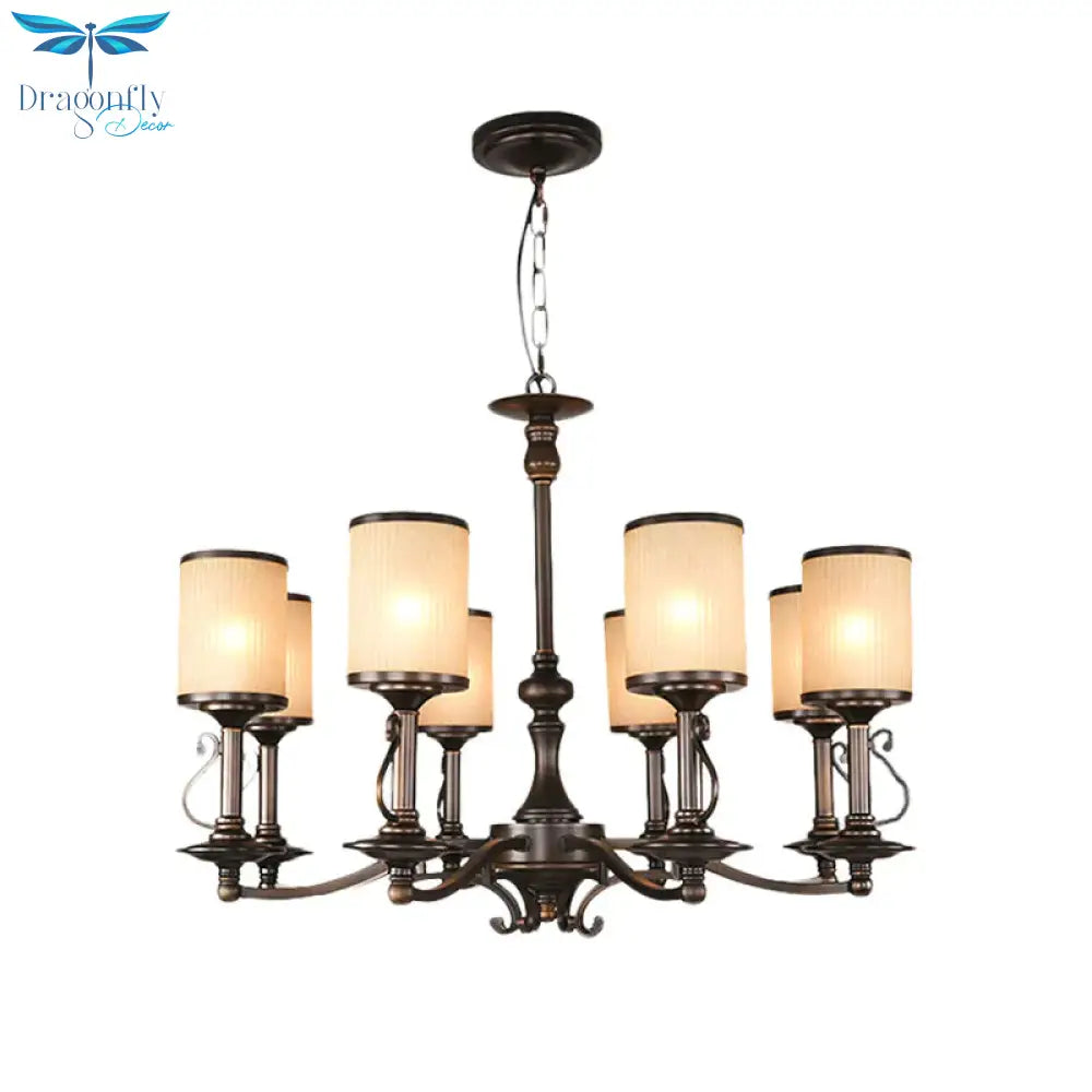 Beige Glass Black Chandelier Lamp Cylindrical 3/6/8 Heads Traditionalism Pendant Ceiling Light For