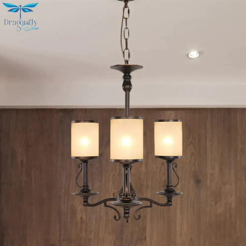 Beige Glass Black Chandelier Lamp Cylindrical 3/6/8 Heads Traditionalism Pendant Ceiling Light For