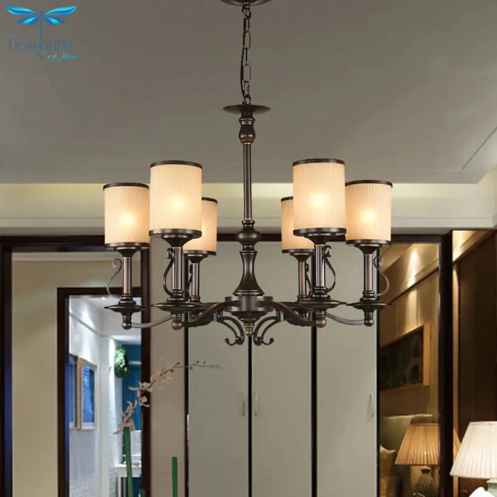 Beige Glass Black Chandelier Lamp Cylindrical 3/6/8 Heads Traditionalism Pendant Ceiling Light For