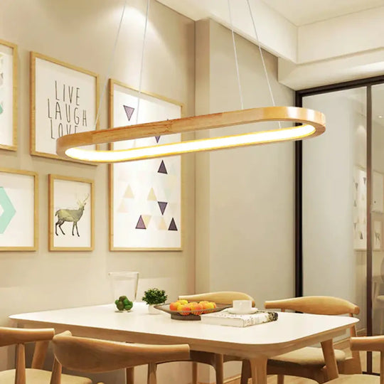 Beige Oval Ceiling Pendant Light Nordic Wood Led Chandelier Lighting Fixture For Dining Room