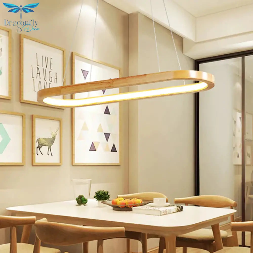 Beige Oval Ceiling Pendant Light Nordic Wood Led Chandelier Lighting Fixture For Dining Room