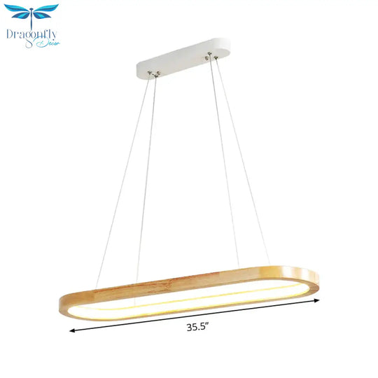 Beige Oval Ceiling Pendant Light Nordic Wood Led Chandelier Lighting Fixture For Dining Room
