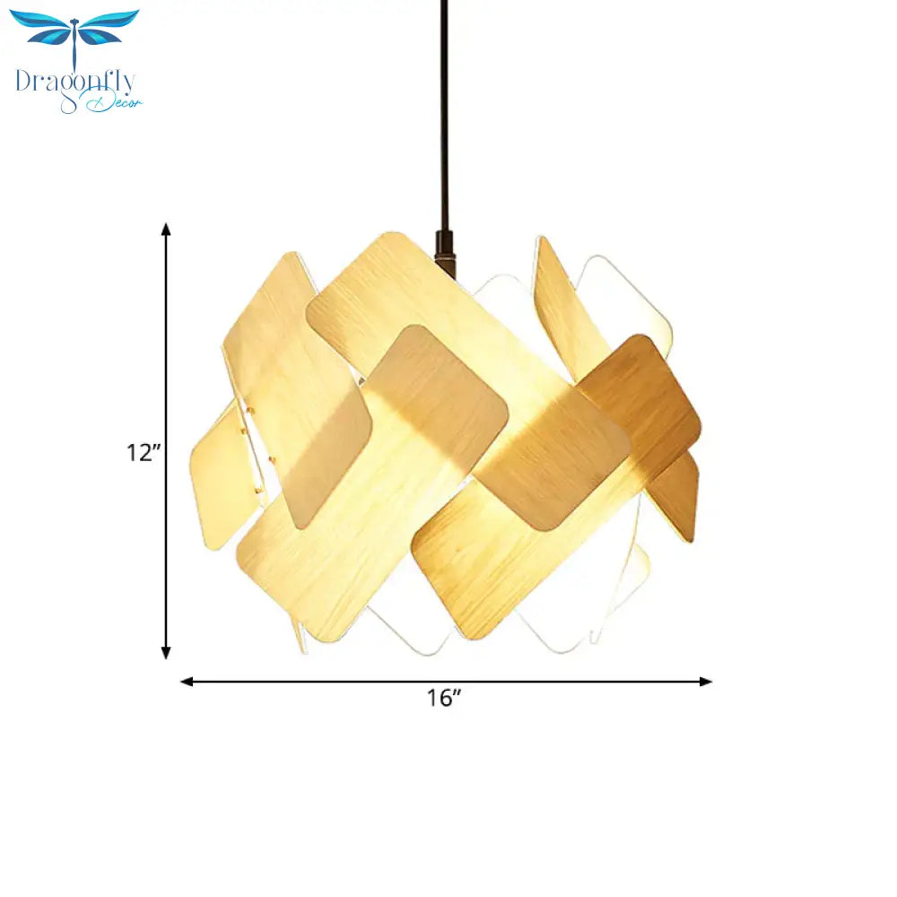 Beige Spliced Circle Chandelier Modernist 3 Heads Wood Hanging Light Fixture Over Dining Table