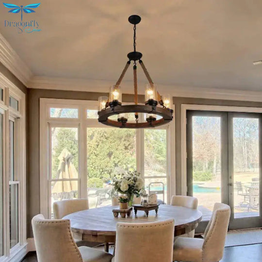 Beige Wheel Pendant Lighting Traditional Wood 1 Light Living Room Chandelier With Cylinder Shade
