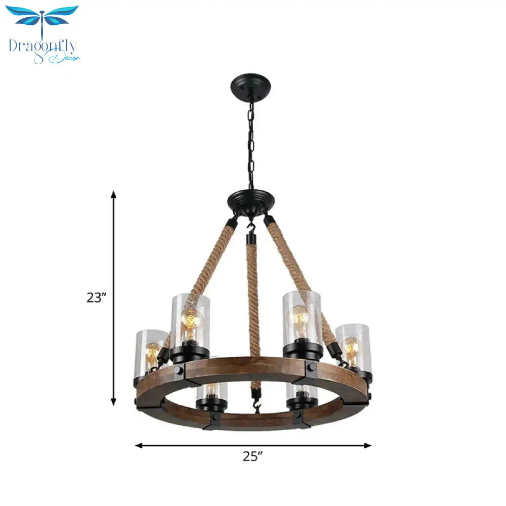 Beige Wheel Pendant Lighting Traditional Wood 1 Light Living Room Chandelier With Cylinder Shade