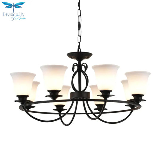 Bell Frosted Glass Chandelier Lighting Traditional 3/6/8 Lights Living Room Pendant In Black