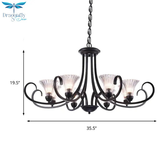 Bell Living Room Ceiling Chandelier Traditional Clear Ribbed Glass 4/6/8 Lights Black Hanging