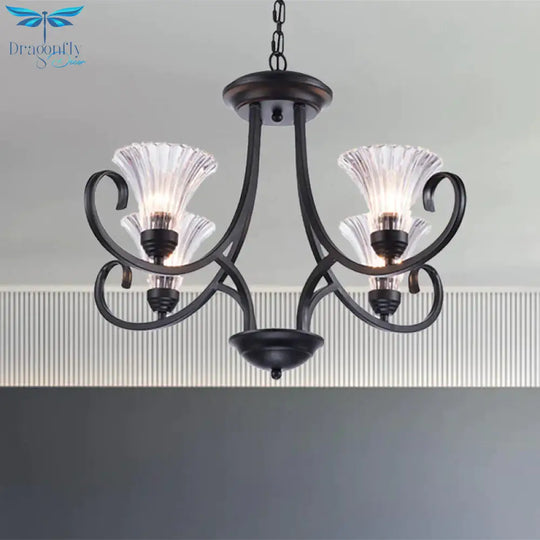 Bell Living Room Ceiling Chandelier Traditional Clear Ribbed Glass 4/6/8 Lights Black Hanging