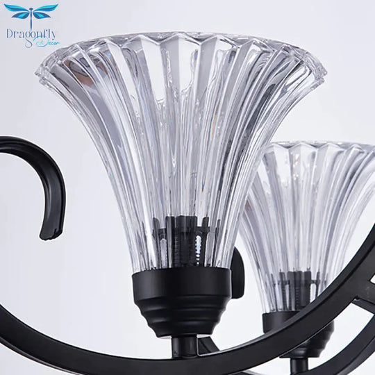 Bell Living Room Ceiling Chandelier Traditional Clear Ribbed Glass 4/6/8 Lights Black Hanging
