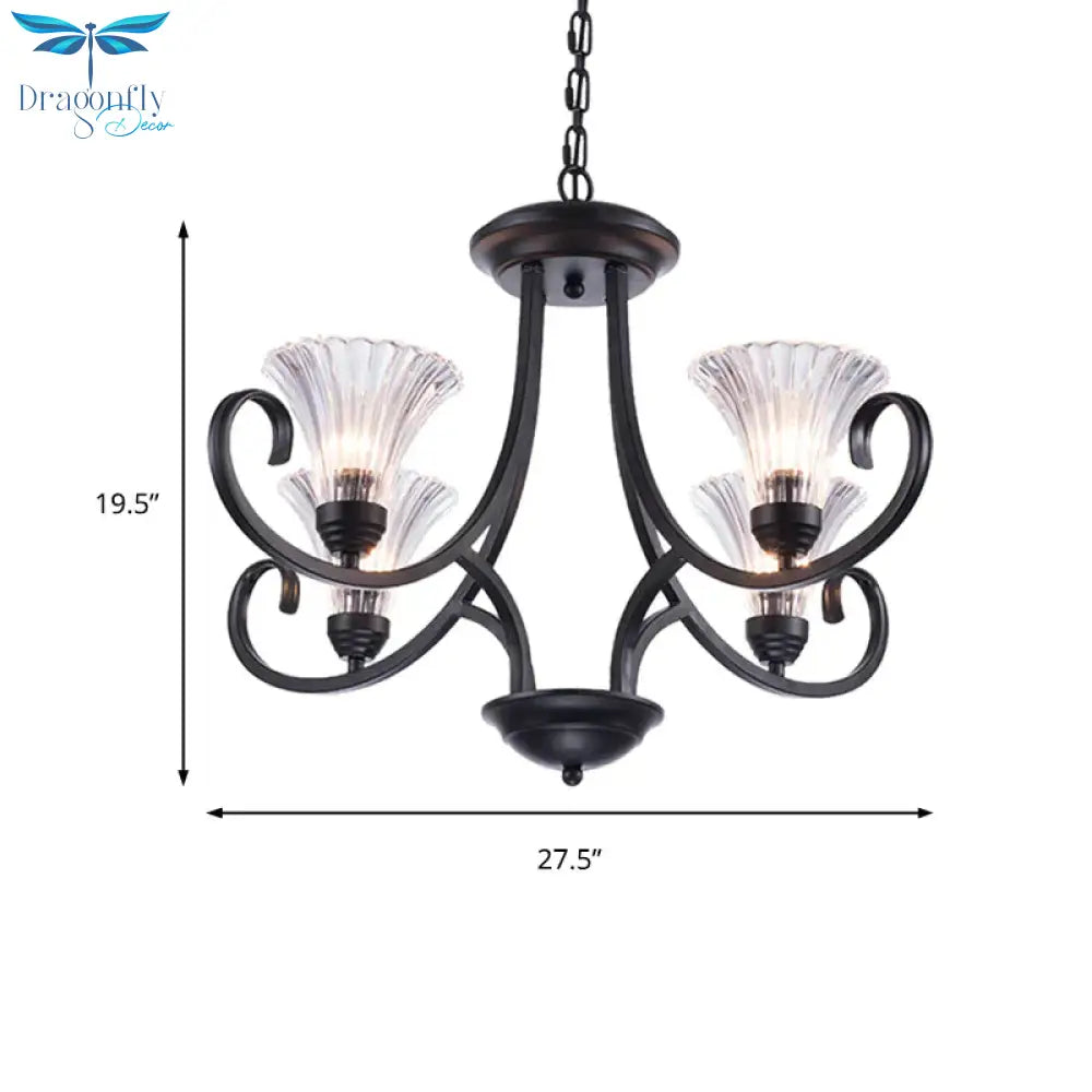 Bell Living Room Ceiling Chandelier Traditional Clear Ribbed Glass 4/6/8 Lights Black Hanging