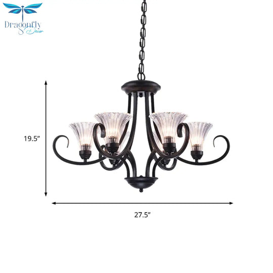 Bell Living Room Ceiling Chandelier Traditional Clear Ribbed Glass 4/6/8 Lights Black Hanging