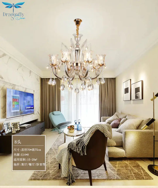Bell Living Room Chandelier Lamp Traditional Crystal Drop 6/8 Lights Chrome Hanging Ceiling Light