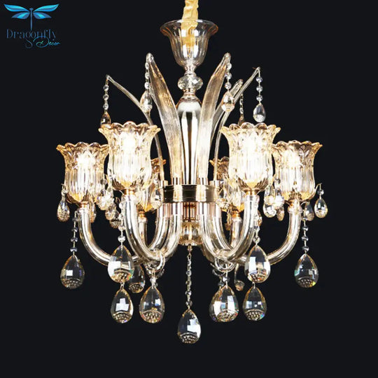 Bell Living Room Chandelier Lamp Traditional Crystal Drop 6/8 Lights Chrome Hanging Ceiling Light
